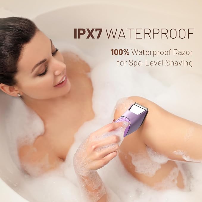 Bikini Trimmer for Women: Pubic Hair Razor with Mirror & LED Light, Electric Shaver with Ceramic Blades & Travel Lock - Body Groomer IPX7 Waterproof Use for Legs/Arm/Underarm - Purple