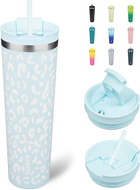 BJPKPK 34oz Tumbler With lid And Straw Stainless Steel Travel Coffee Mug Insulated Tumblers Cups,Light Blue Leopard