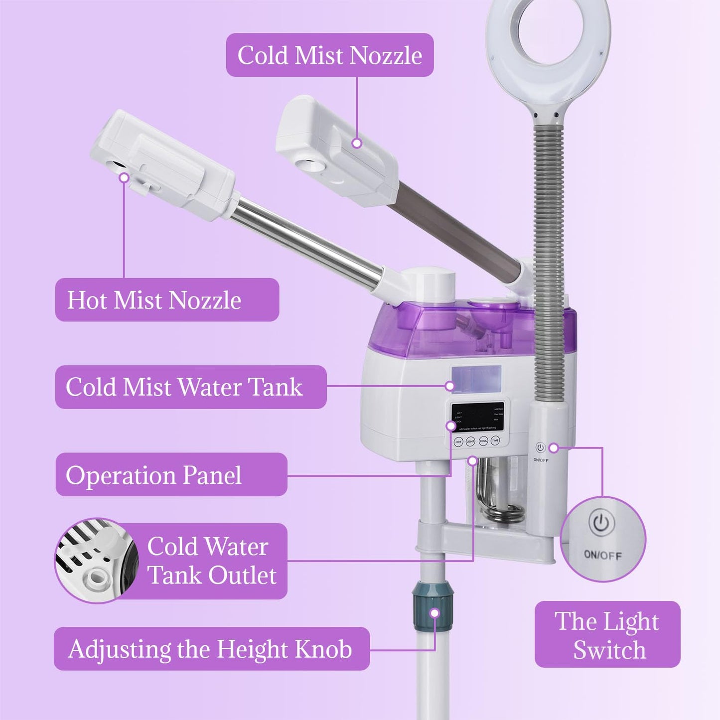 3 in 1 Facial Steamer,Professional Facial Steamer with 5X Magnifying LED Lamp, Esthetician Steamer with Hot & Cold Mist, Face Steamer On Wheels for Salon Spa Beauty Skin Care