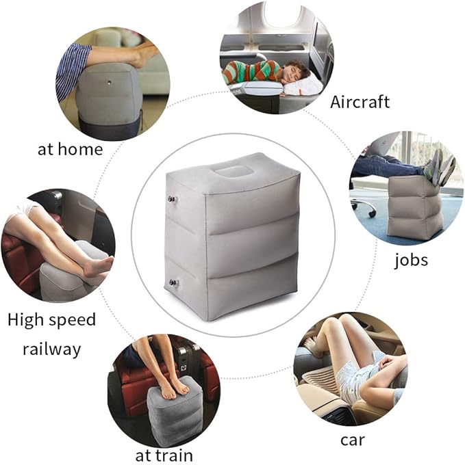 ZIQIAN Inflatable Travel Foot Rest Pillow Portable Adjustable Three Layers Height Foot Stool for Airplanes, Cars, Home, Trains, Office to Lay Down or Sleep on Long Flights with Pump (Gray 2PACK)