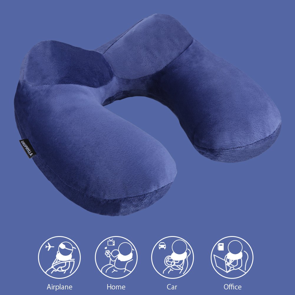 urophylla Inflatable Travel Pillow for Airplane, Soft Velvet Inflatable Travel Neck Pillow for Airplanes, Train, Car, Home and Office with Packsack & Comfortable Velvet - Blue