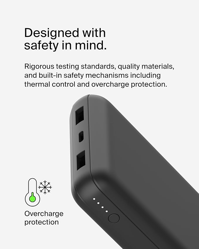 Belkin Portable Charger, USB-C Power Bank 20000 mAh w/ 2 USB-A Ports, 15W w/ Type-A to Type-C Cable for iPhone 17, Air, Pro, Pro Max, Samsung Galaxy S25, Google Pixel 10, etc. - Black