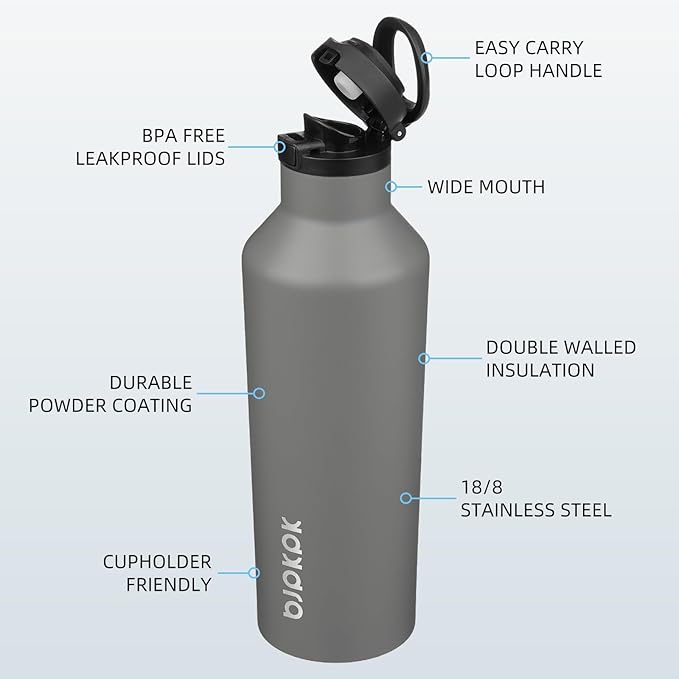 BJPKPK Insulated Water Bottle With Straw 25oz Stainless Steel Water Bottles With 2 Lids And Carry Handle Reusable Travel Metal Thermo,Grey