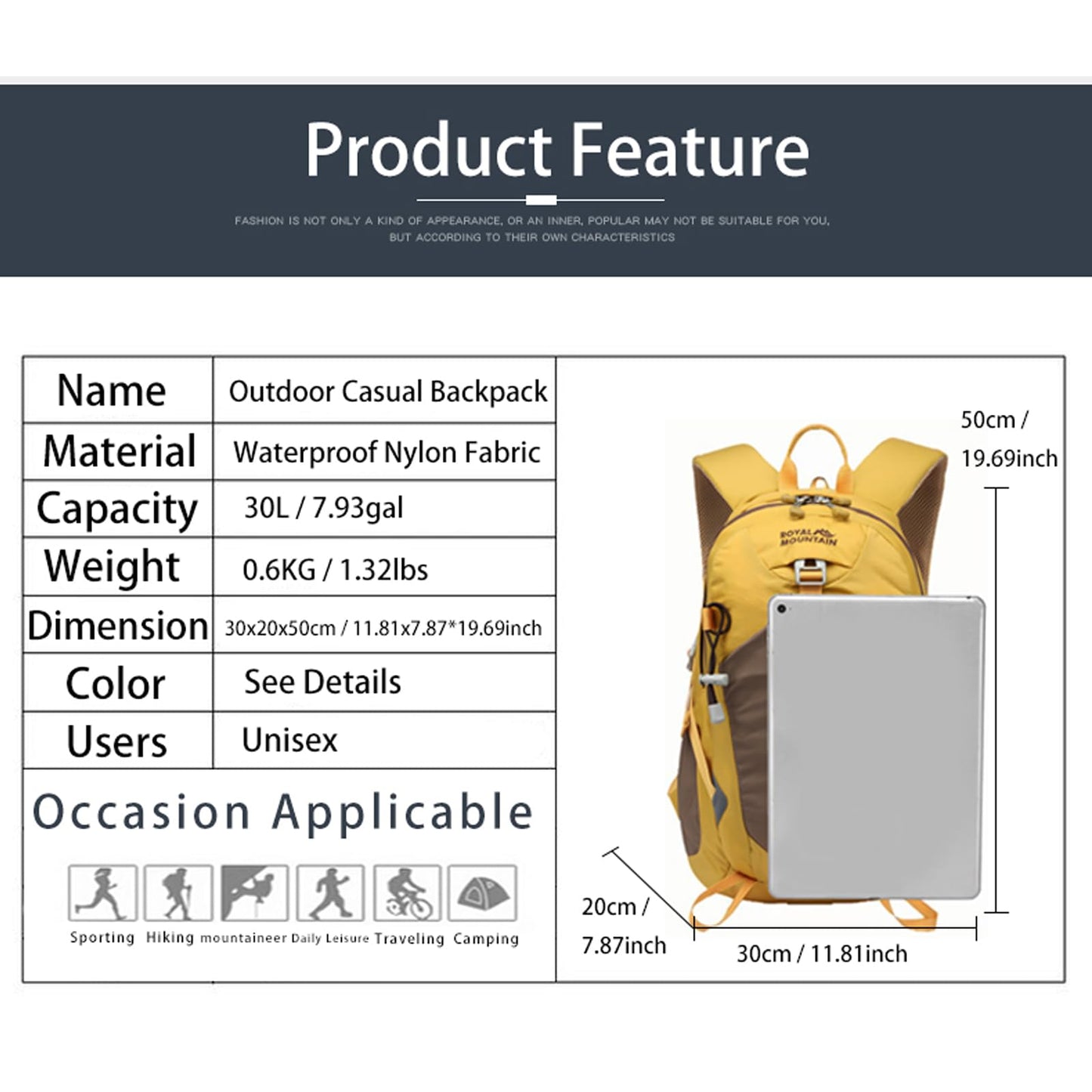 ROYAL MOUNTAIN Hiking Backpack 30L Foldable Travel Daypack For Women Men,Camping Daypack Backpacks Lightweight,Durable Hiking Backpack Fit For Hiking,Daily Commuting,Short Trips.(With Rain-cover)