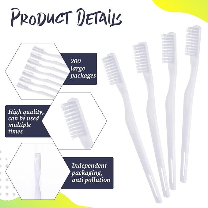 200 Pack Individually Wrapped Disposable Toothbrush Bulk, Soft Bristle Travel Toothbrush for Adults, Hotels, Travel, Donation, White