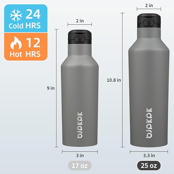 BJPKPK Insulated Water Bottle With Straw 25oz Stainless Steel Water Bottles With 2 Lids And Carry Handle Reusable Travel Metal Thermo,Grey