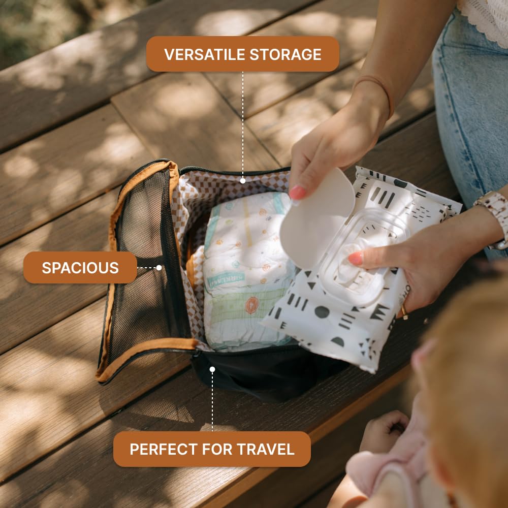 Parker Baby Co. Lightweight Packing Cube Set 3-Pack | Collapsible, Durable, Mesh & Clear Top | Travel Organizer for Diaper Bags, Luggage - Black/Mocha Checker