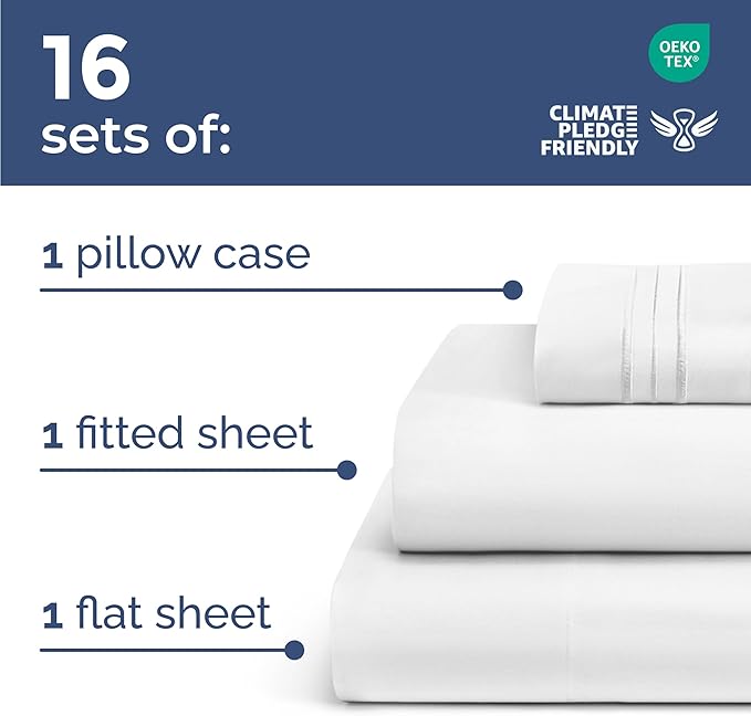 Bulk Case Pack of 16 Sheet Sets - (16) Complete Twin Size Sheet Sets with Deep Pockets - Wholesale Bulk Bedding for Hotels, Spas & Airbnbs - Breathable, Cooling, Soft & Wrinkle Free - (Twin, White)
