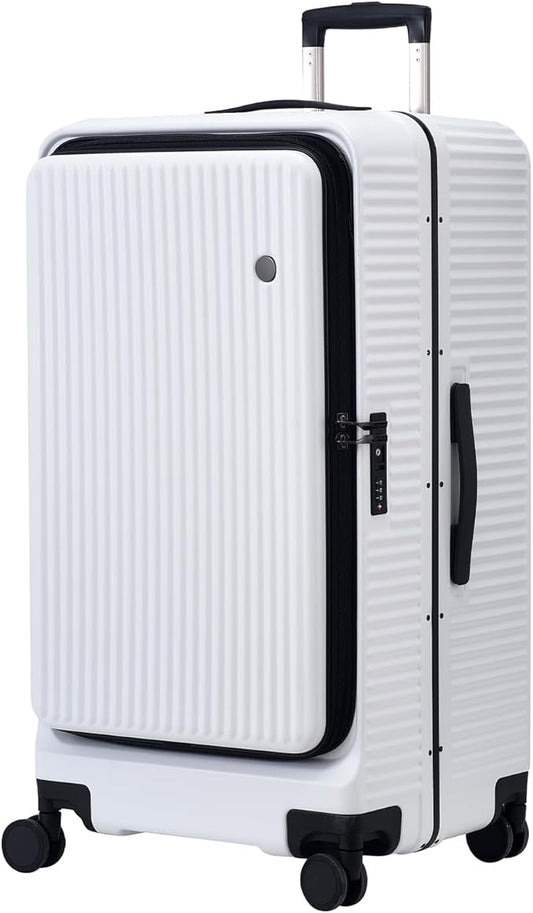 29 Inch Aluminum Checked Luggage with Side Opening Zipper, 40 * 37 * 77cm, 113L, Lightweight Hardshell ABS+PC Suitcase with TSA Lock, 360° Universal Wheels, White