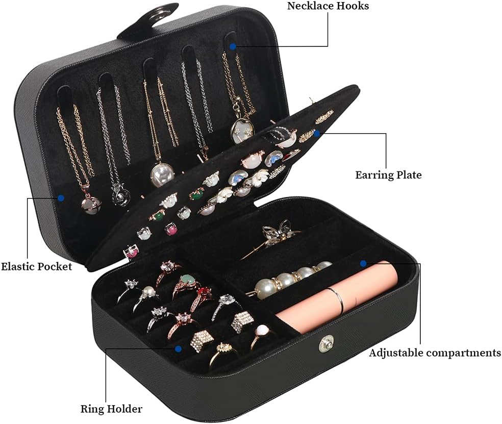 Travel Jewelry Box, Small Jewelry Organizer Boxes for Women Girls, 2 Layer Travel Jewlery Case, PU Leather Mini Portable Jewerly Storage Display Holder for Earrings, Ring, Necklaces, Bracelets - Black
