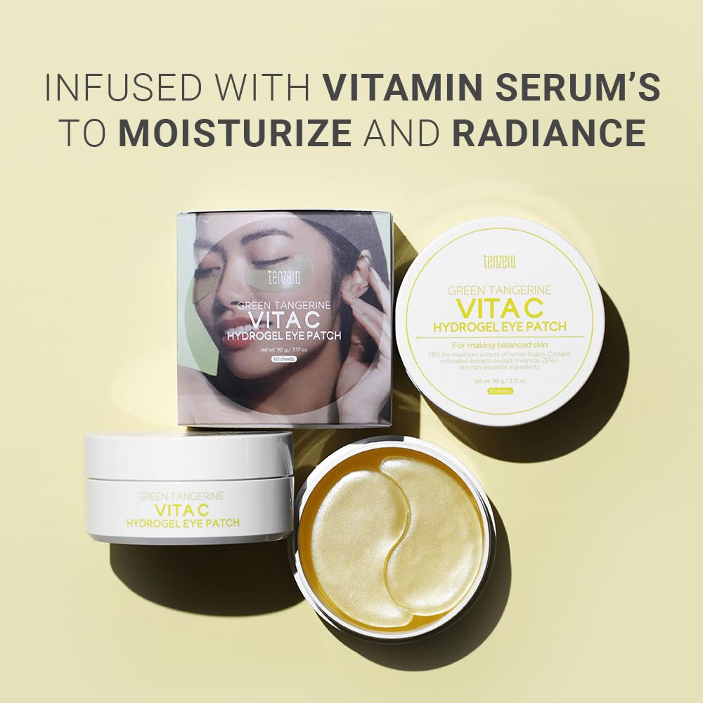 tenzero Green Tangerine Vita C Hydrogel Eye Patch 60 Patches (90g), Vitamin C Treatments for Dark Circles, Puffy Eye, Fine Lines, Brightening, Hydrating Eye Pads, Korean Under Eye Masks Skincare