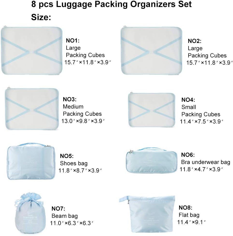 Travel Packing Cubes 8 Pcs Set, Luggage Packing Organizers with Shoe Bag and Toiletry Bag(Light Blue)