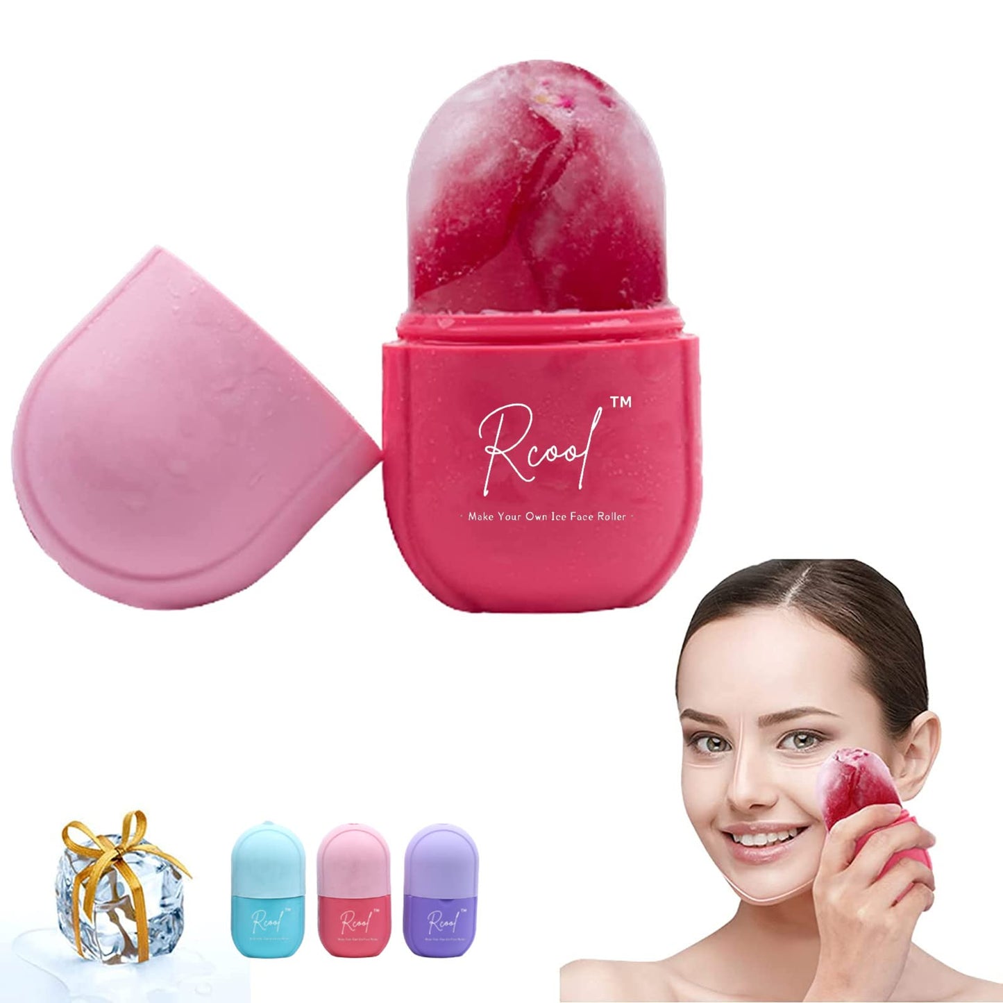 Rcool Ice Face Roller & Gua Sha,Face Massager,Facial Beauty Ice Roller Skin Care Tools,Skin Care Products-for Face&Eyes,Remove Fine Lines,Shrink Pores,Reduce Acne and Lubricate The Skin. (Pink)