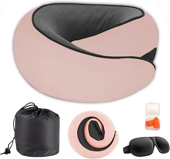 Cloud Sleep Travel Pillow｜360° Adjustable Neck Pillow for Airplane & Office｜NASA Memory Foam｜Free Eye Mask & Earplugs (Pink)
