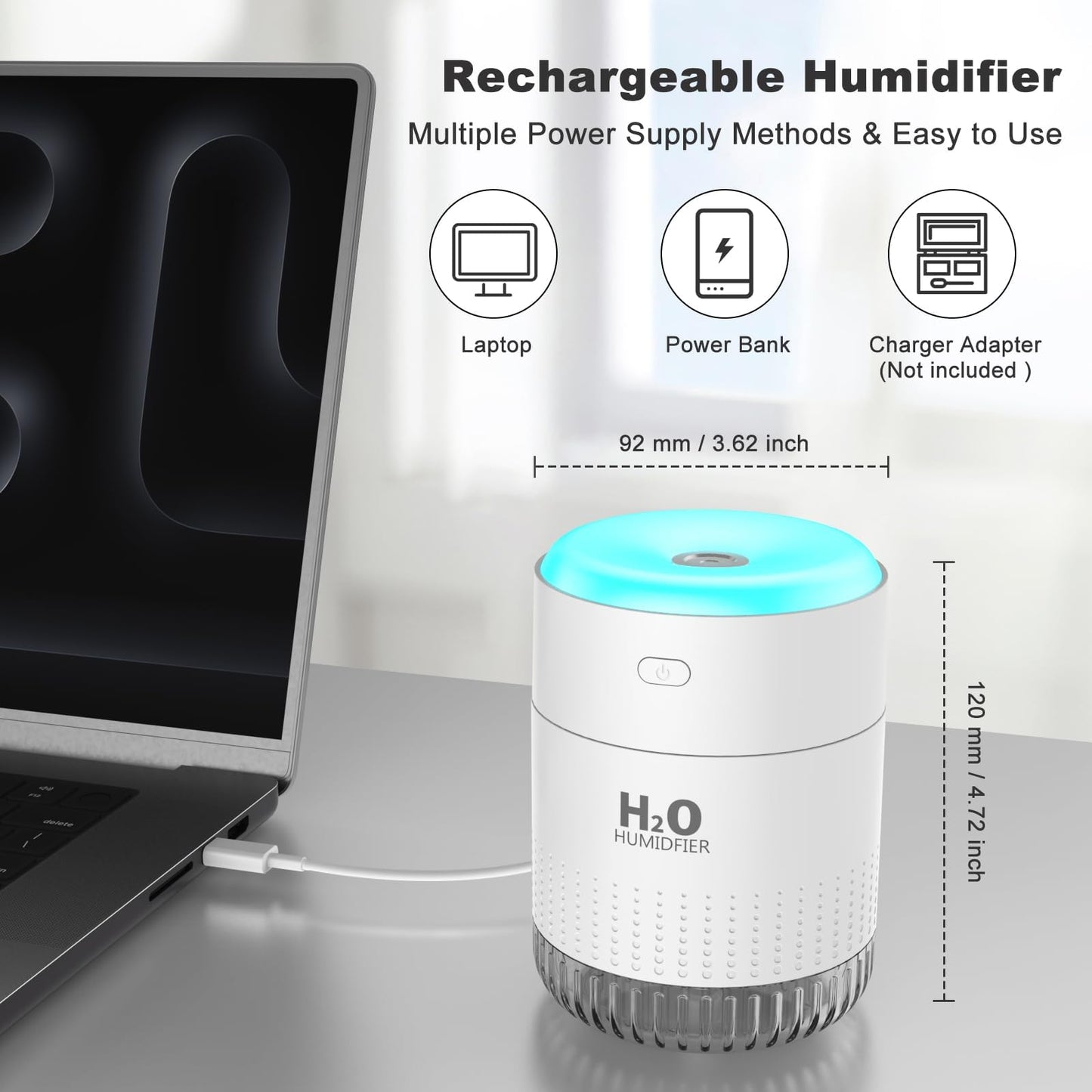 Rechargeable Mini Humidifier, Colorful Cool Mist Humidifiers with 7 Color Light, Small Personal Desktop Humidifier for Baby Bedroom, Office, Nursery, Travel with Auto Shut-Off, Super Quiet (White)