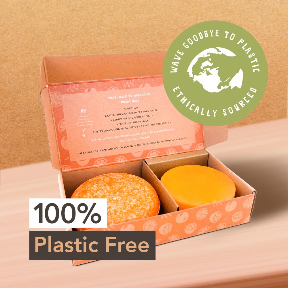 Wave Fresh Citrus Shampoo Bar & Conditioner Bar Set - Vegan & Sulfate-Free - Handmade Moisturizing Solid Bars for All Hair Types - Convenient for Travel, Long-Lasting, (80-120 Uses) - Citrus