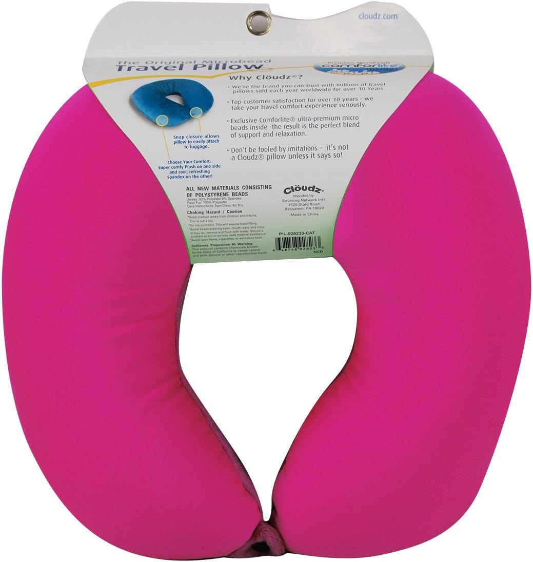 Cloudz Dual Comfort Microbead Airplane Travel Neck Pillow. Soft Cozy Plush Fabric on One Side, Cool Relaxing Spandex on The Other! Customize Your Comfort and Support at Home or On The Go! Bright Pink