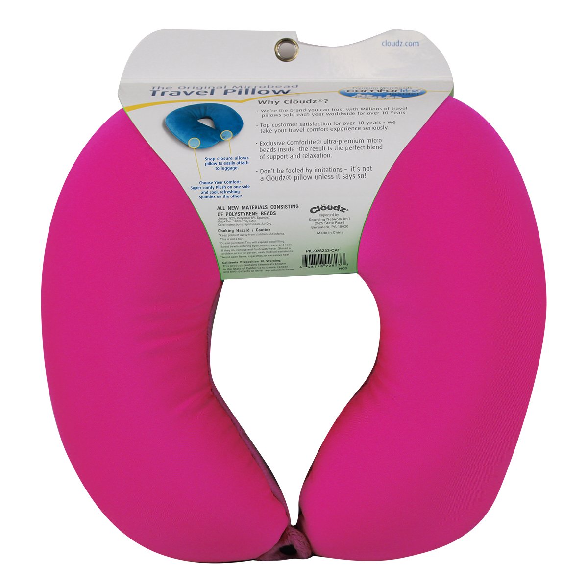 Cloudz Dual Comfort Microbead Airplane Travel Neck Pillow. Soft Cozy Plush Fabric on One Side, Cool Relaxing Spandex on The Other! Customize Your Comfort and Support at Home or On The Go! Bright Pink