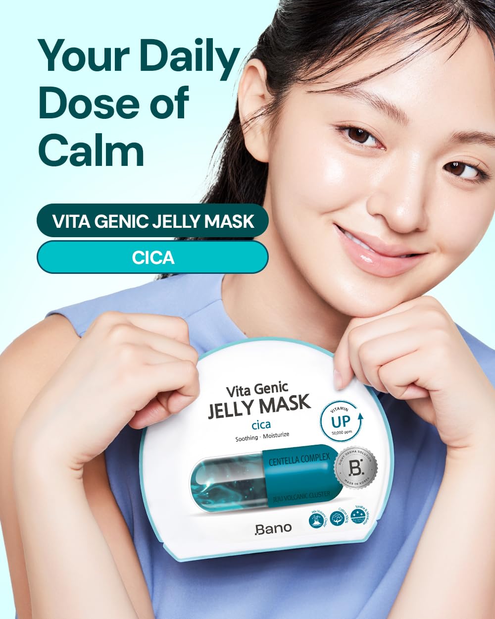 Bano Vita Genic Jelly Face CICA Mask 10EA – Soothing & Hydrating Sheet Mask for Sensitive Skin, Korean Glass Skin Care with Centella, Vitamin C, Biotin & Niacinamide, Fragrance-Free