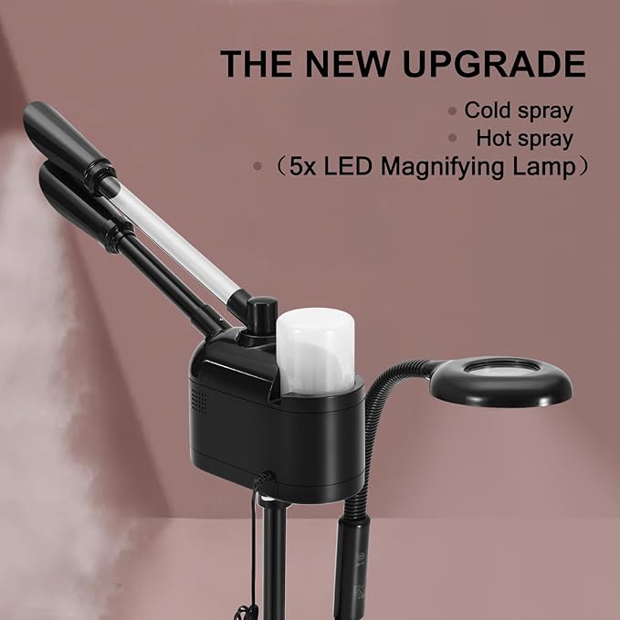 Artist hand Professional 3 in 1 Facial Steamer Upgrade Esthetician Steamer with hot & Cold Nozzle 5X LED Magnifying Lamp Beauty Salon Spa Black