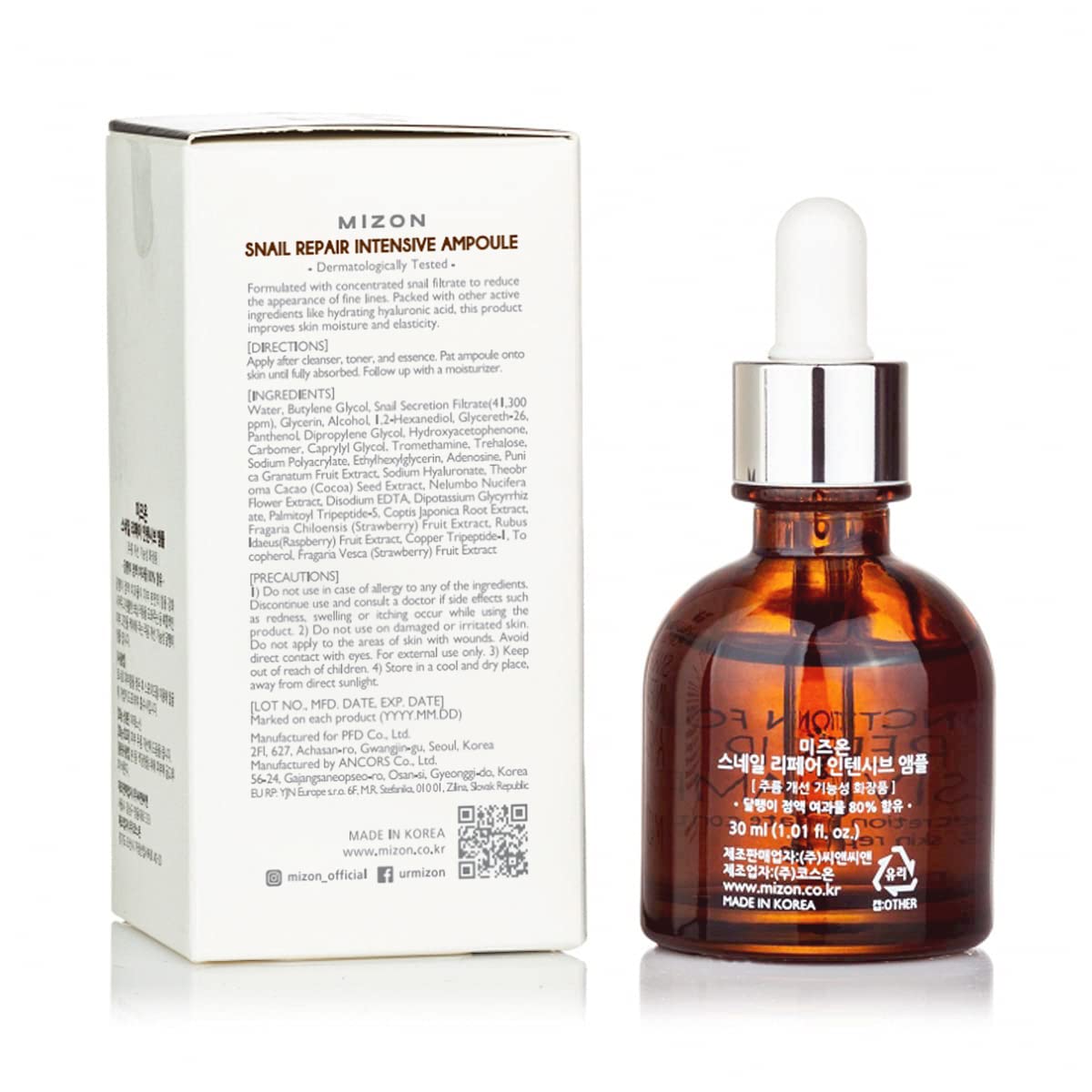 MIZON Snail Repair Intensive Ampoule with Snail Mucin, Hyaluronic Acid & Vitamin E – Hydrating & Wrinkle Care Serum for Skin Elasticity & Repair (1.01 fl oz)