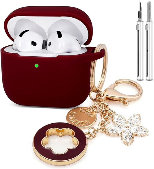 Airpods 4 Cases Silicone Protective Case for Airpod 4 with Bling Keychain for Apple AirPods 4th Generation Wireless Earbuds with Cleaner Kit (Burgundy)