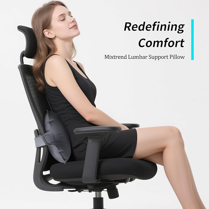 Mixtrend Travel Lumbar Pillow Inflatable Lumbar Support Pillow with Memory Foam, Back Support Pillow for Airplane Long Flight, Essential Travel Support Pillow for Women Men Kids（Chrcoal Grey）