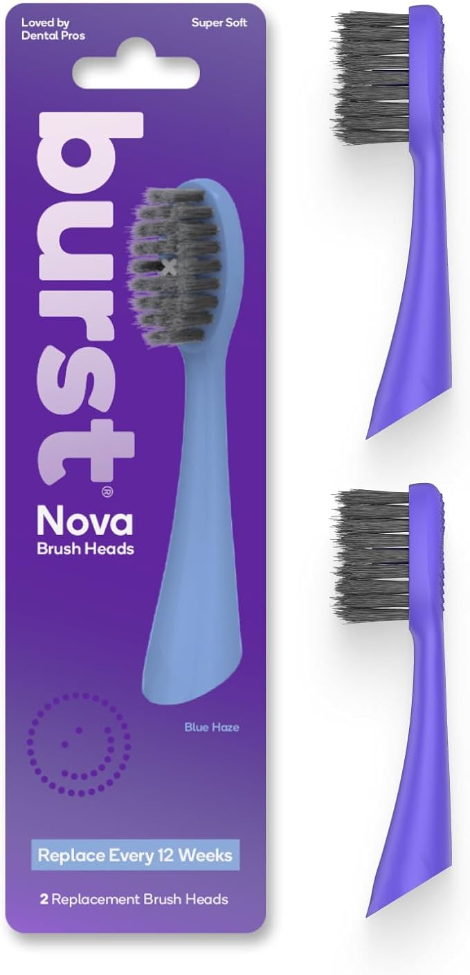 BURST Replacement Heads for Nova Sonic Toothbrush (Blue) | Super-Soft Bristles Reduce Risk of Abrasion & Irritation | Tapered Ends Reach Below The Gumline | for a Whiter, Brighter Smile