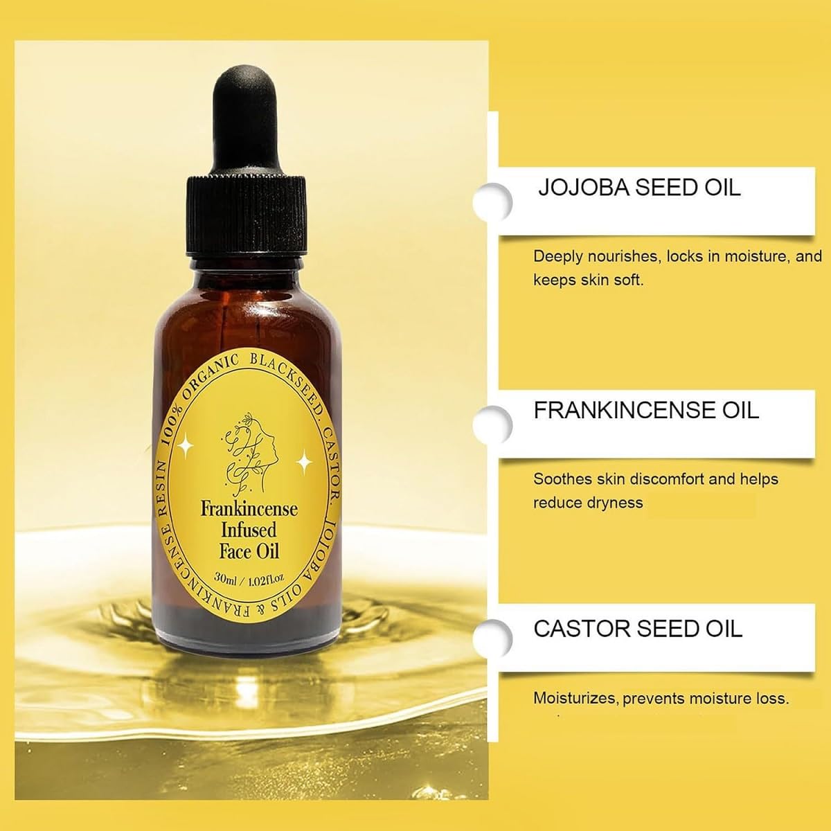 30 ML Frankincense Essential Oil,Organic Castor & Jojoba Oils for Face Anti-Aging Facial Moisturizer Serum,Natural Skincare Hydrates Skin Moisturizing (1 PCS)