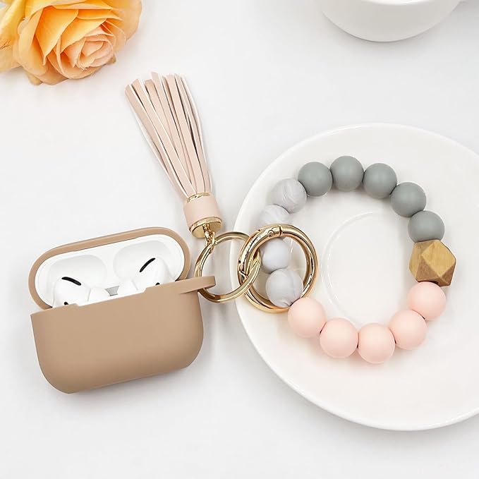 Compatible with Airpods Pro Soft Silicone Case Cover with Bracelet Keychain for Apple Airpod Pro 1st Generation Case for Women (Milk Tea)