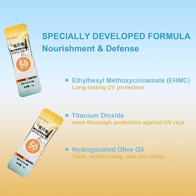 50PCS Mini Sunscreen SPF50+ - Travel Size Sunscreen Infused with Centella Asiatica Extract, Lightweight & Non-Greasy, waterproof - Perfect for Summer Party & Thank You Gifts - Mini Purse Essentials