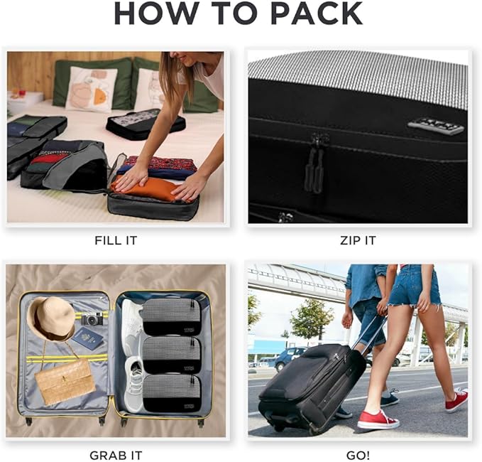 5pc Small Black Packing Cubes for Suitcases - Travel Packing Organizers for Carry on Suitcase - Luggage Cubes set of 5