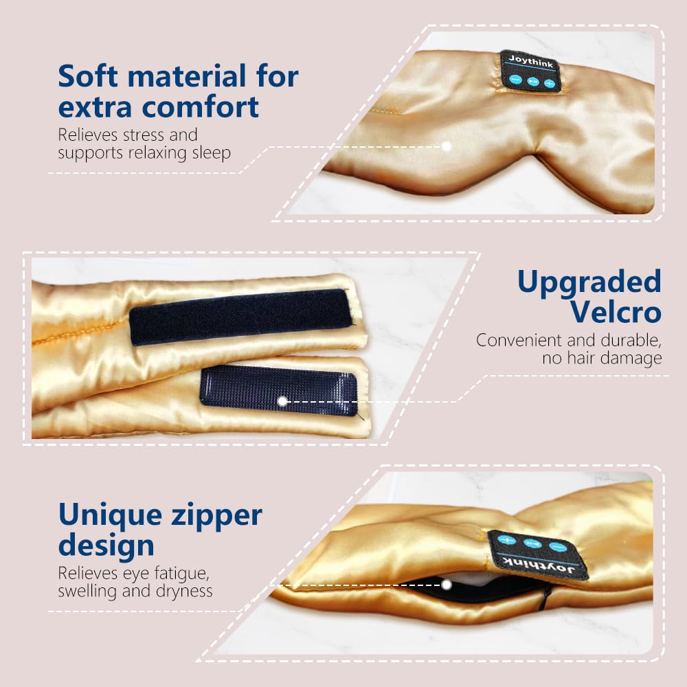 Joythink Sleep Headphones Bluetooth Sleep Mask Silk Headband Earphones Bluetooth Eye Mask for Sleeping On Side Blackout Soft Sleep Earphones Kids Children Music Eye Cover Champagne Gold