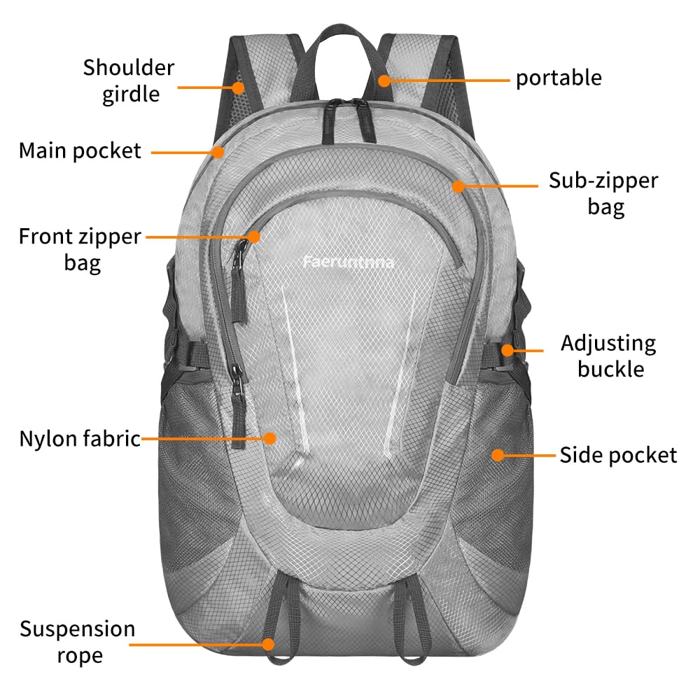 30L Large capacity Lightweight Packable Foldable Backpack，women and men Hiking backpack，Outdoors Travel Backpack (Silver Grey)