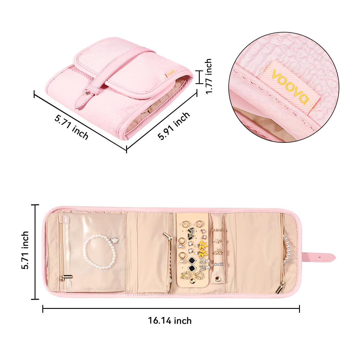 Voova Travel Jewelry Holder Organizer Case, Small Jewelry Storage Bag for Women Girls, Foldable Traveling Jewellery Pouch Roll for Necklaces Rings Earrings Bracelets, Mini, Light Pink