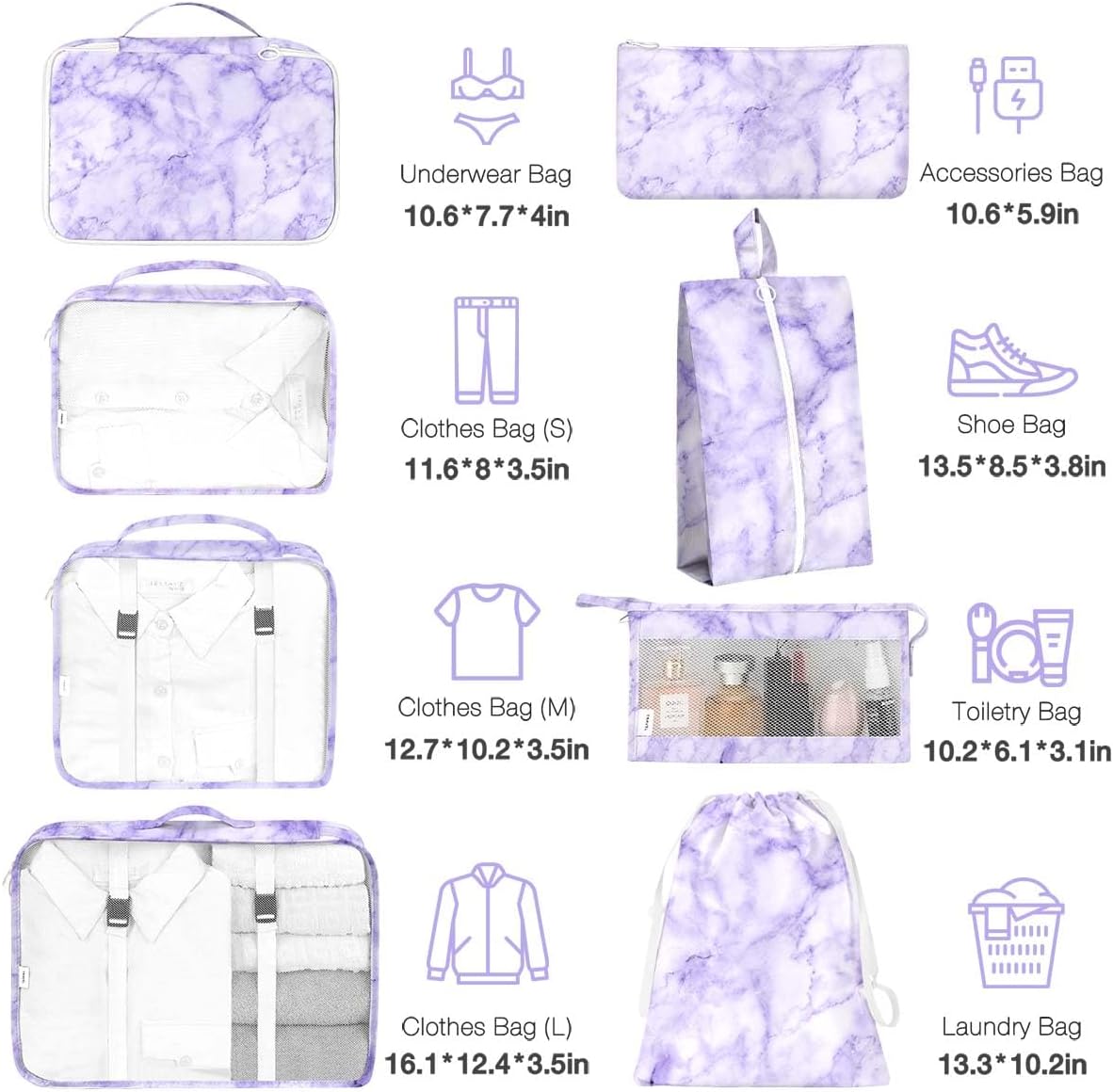 8 Set Packing Cubes for Suitcases,Packing Cubes with Shoe,Cosmetics,Clothing,Accessories Bags for Travel Luggage Organizer Women Men(Purple Marble)