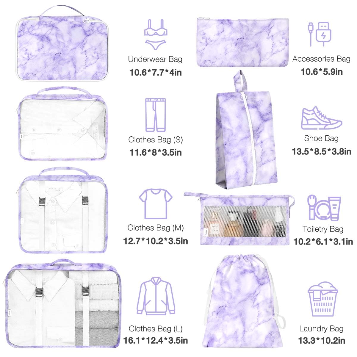 8 Set Packing Cubes for Suitcases,Packing Cubes with Shoe,Cosmetics,Clothing,Accessories Bags for Travel Luggage Organizer Women Men(Purple Marble)