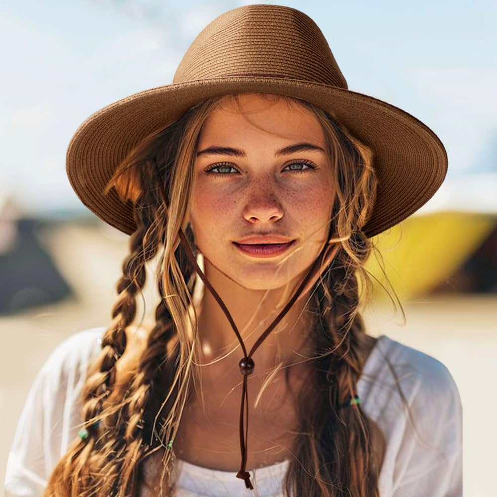DRESHOW Womens Summer Straw Sun Hat Wide Brim Bucket Hats Fedora Hat Panama Beach Hat with Chin Strap UPF 50+