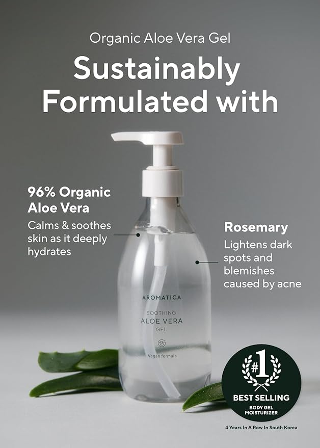 AROMATICA Organic Aloe Vera Gel 10.14oz/300ml, After Sun Care And Sunburn Relief with Pure Aloe Vera Gel Face&Hair, Sun Burn Moisturizer EWG Verified