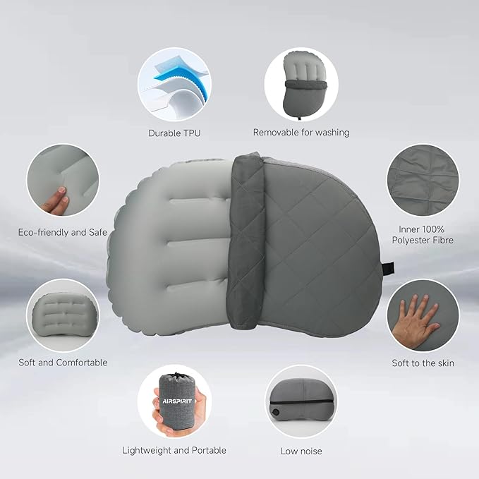 AIRSPIRIT Ultralight Camping Pillow Inflatable with Removable Washable Cover, Compact Travel Pillow for Neck Support, Hiking, Backpacking, Office, Airplane, Car & Beach - Adjustable Firmness(Grey)