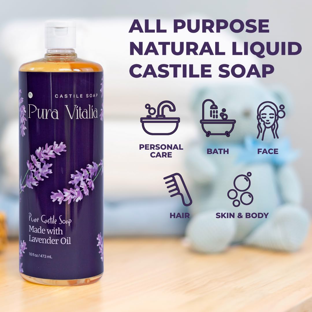 Pura Vitalia Lavender Organic Castile Soap | Body Wash & Cleanser for Face & Hands | Biodegradable, Eco-Friendly, Palm Oil Free, Vegan & Gentle | Made with 6 Natural Ingredients - 32 oz