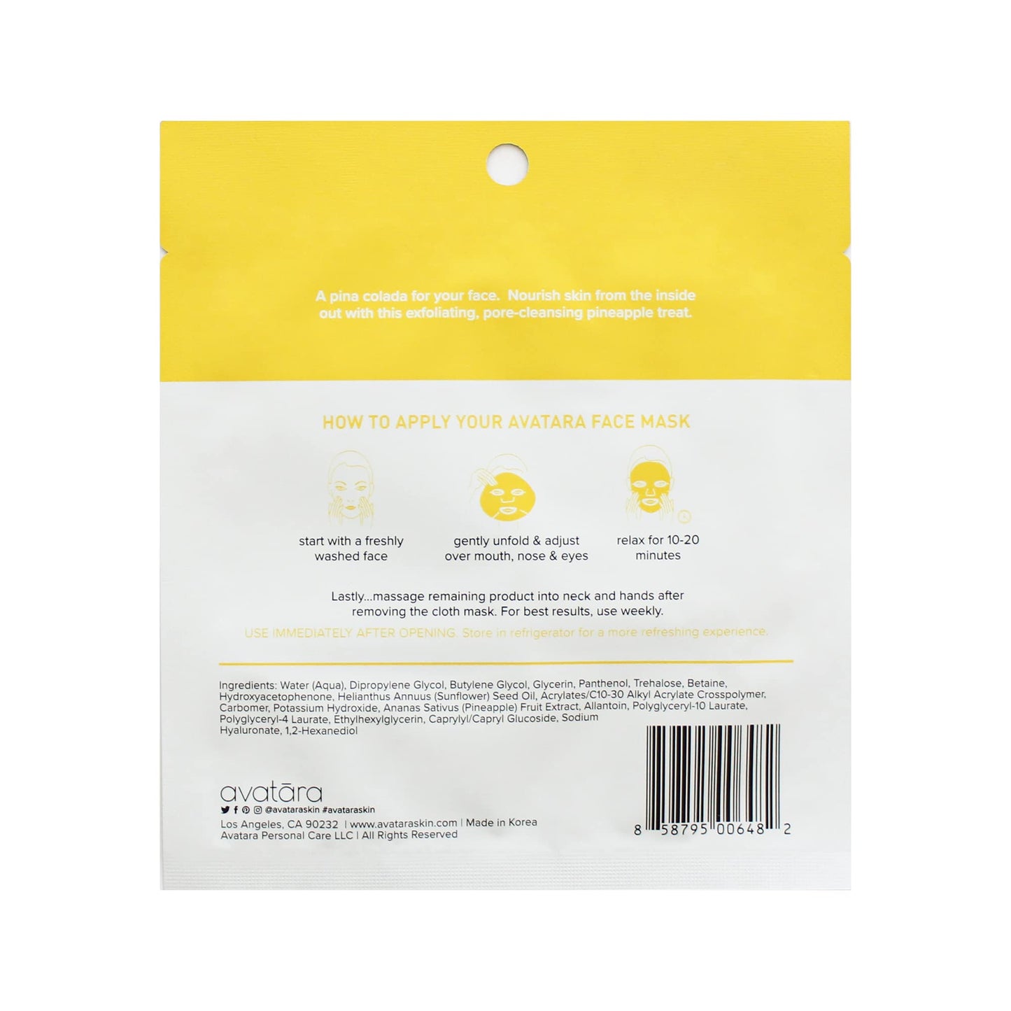 Avatara Juicy Pineappy Exfoliating Facial Mask 15 Sheets, Beauty and Skincare Sheet Masks, Pineapple Extracts and Clean Ingredients for Gently Removing Old Skin Cells for a Refreshed Look, 15 Pack