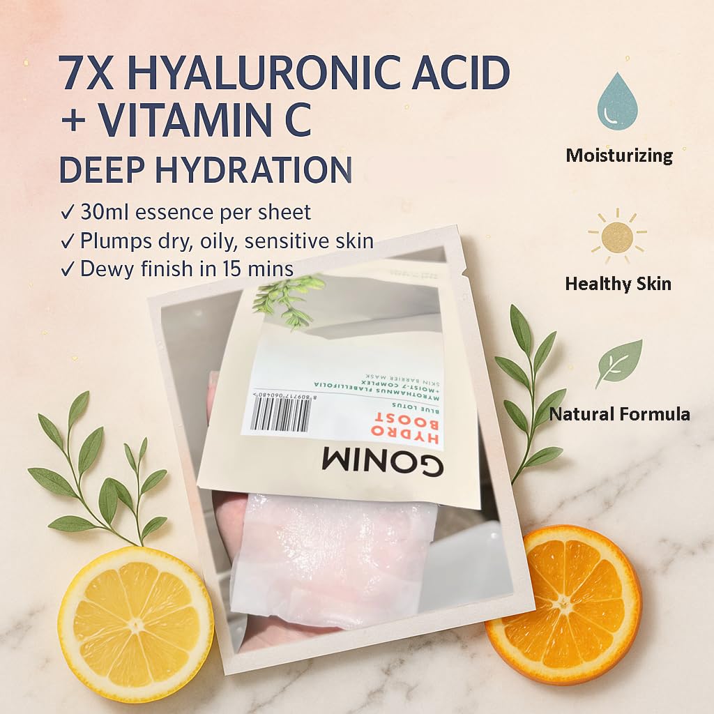 GONIM Face Mask Korean Skin Care with Hyaluronic Acid & Collagen Activation- Face Masks Skincare Hydration, Anti Aging & Moisturizing Sheet Mask for All Skin Korean Face Mask 30ml x15 Sheets