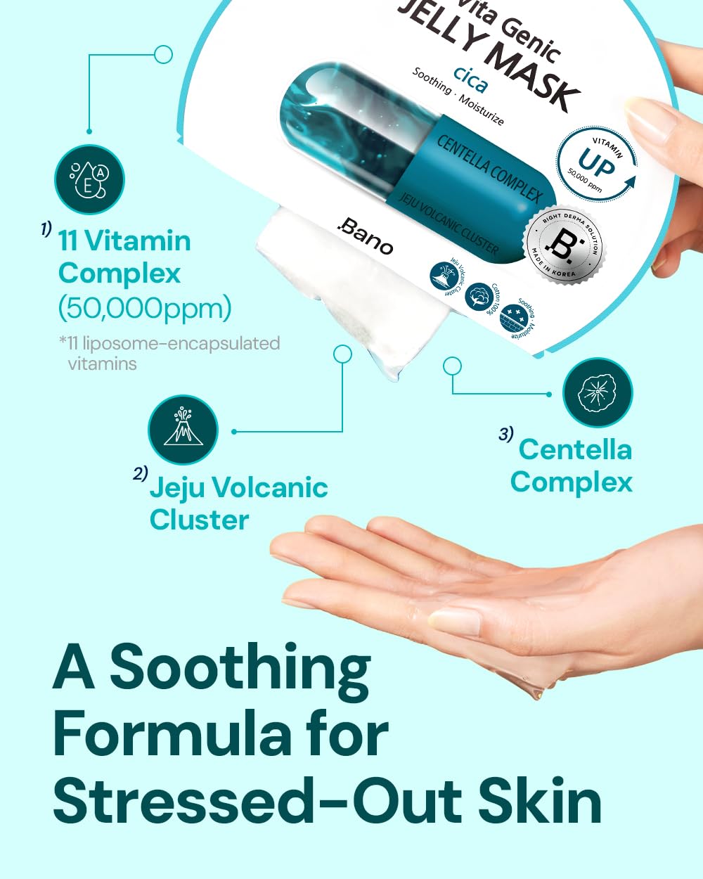 Bano Vita Genic Jelly Face CICA Mask 10EA – Soothing & Hydrating Sheet Mask for Sensitive Skin, Korean Glass Skin Care with Centella, Vitamin C, Biotin & Niacinamide, Fragrance-Free