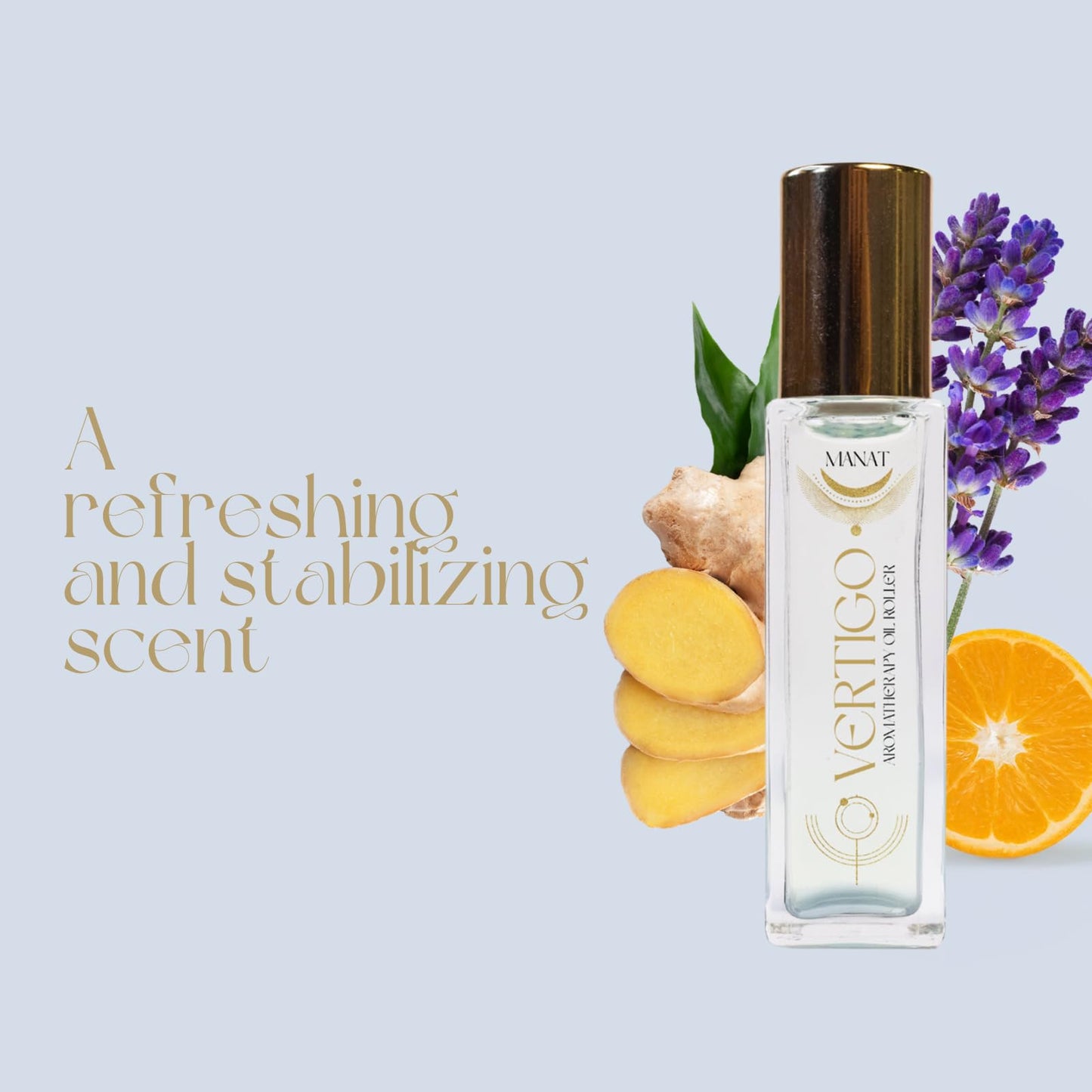 Manat Vertigo Essential Oil Roll On –100% Natural Aromatherapy – 10ml Glass Roller Ball – Dizziness Reduction, Blance & Clarity Blend w/Peppermint, Ginger & Orange - Relaxation, Self Care, Gift