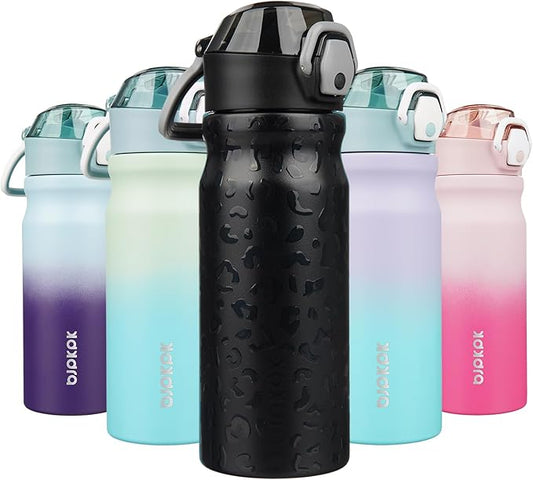 BJPKPK 18oz Insulated Water Bottle With Straw Stainless Steel Double Wall Water Bottles BPA Free Leak Proof Thermo With Lockable Flip Lid And Soft Silicone Spout,Black Leopard