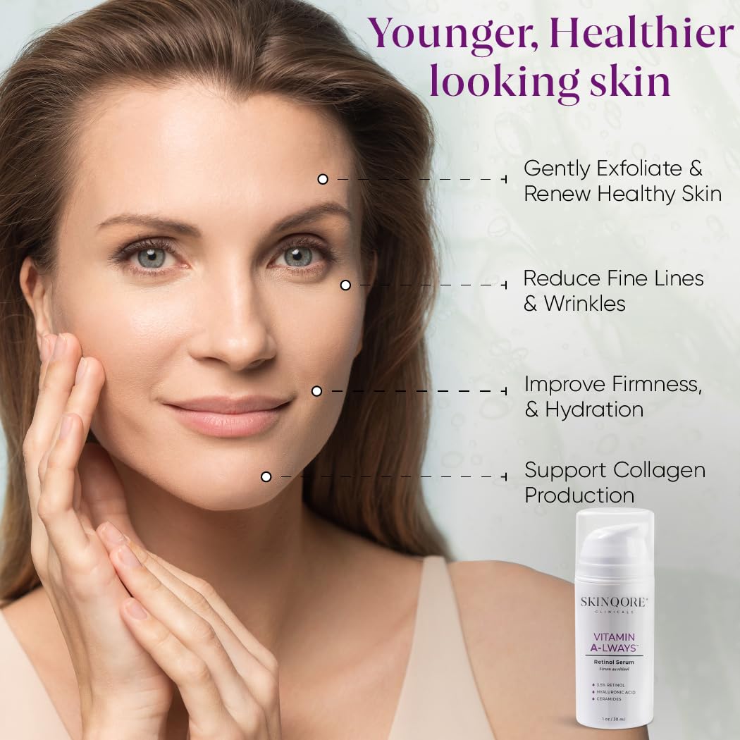 Retinol Serum with Hyaluronic Acid, Ceramides Vitamin A & Antioxidants | Anti Wrinkle Glass Skin Care | Dark Spot Remover for Face | Gently Exfoliates | Fragrence Free & Plant Based - 1 Oz