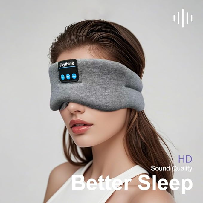 Joythink Sleep Mask Headphones Silk Wireless Bluetooth Headband Eye Mask for Side Sleepers Blackout for Airplane Travel Men Women Gray