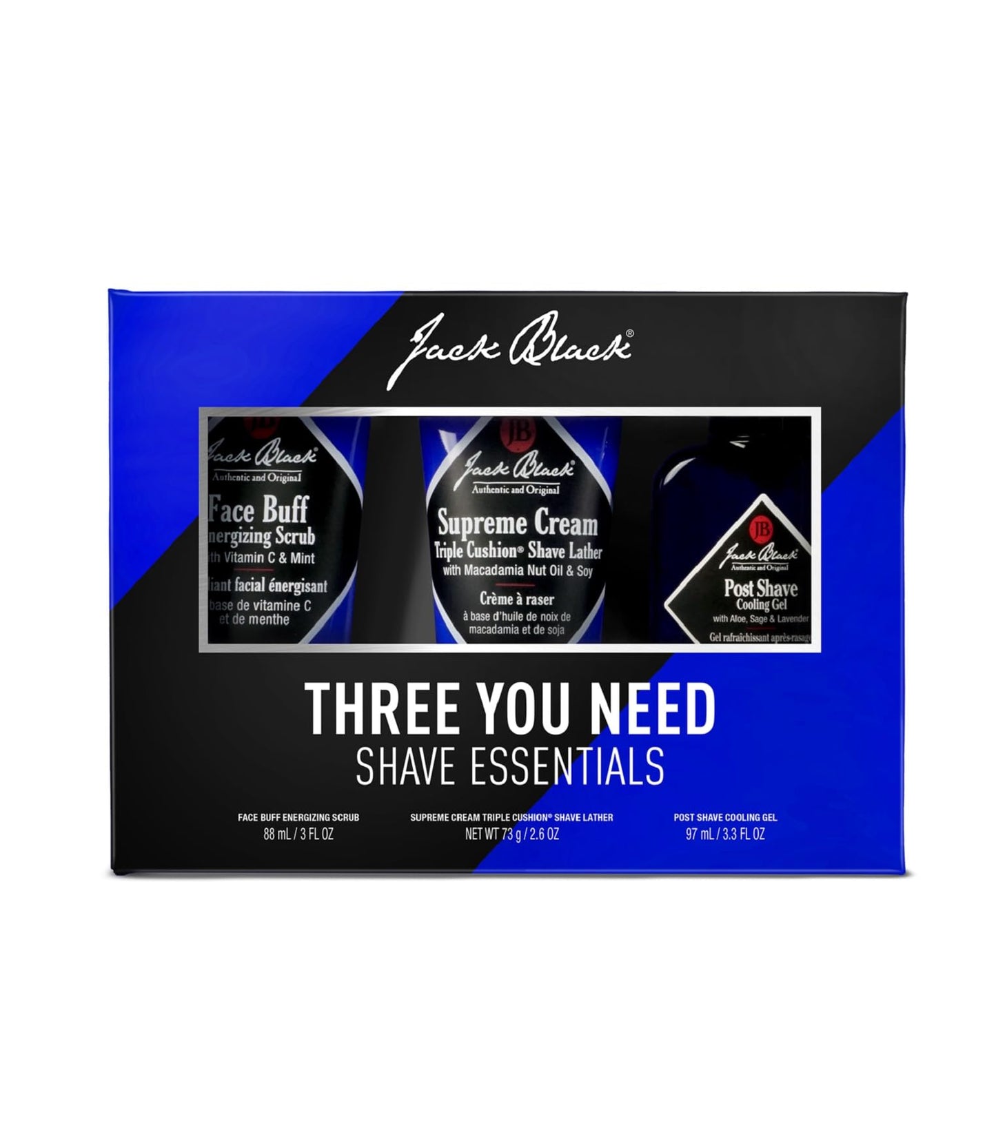 Jack Black Three You Need Shave Essentials Set for Men – Face Scrub, After Shave Cooling Gel, Shave Lather, Mens Skin Care Kit, Men's Skincare Gift Set