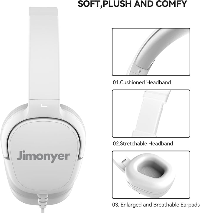 Kids Headphones for School, 3.5mm Jack Wired Headphones for Kids with Safe Volume Limiter, HD Stereo Sound On-Ear Girls Boys Toddler Headphone for Tablet, iPad, Kindle(Wihte)